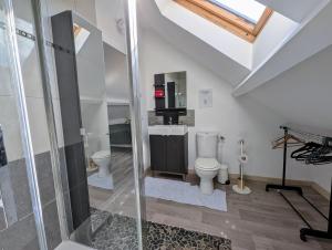 a bathroom with a toilet and a glass shower at Gite du Persil - Meublé de Tourisme 3 étoiles in Le Mesnil-Simon +19 photos
