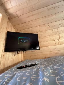a television on a wall with a remote control on a bed at Schlaffass am Sund in Altefähr