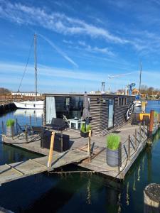 a small house on a dock in the water at Houseboat of Grimm in Fehmarn