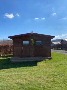 una piccola cabina con una porta sull'erba di Woodland Cabin Camping de Regenboog a Šluknov