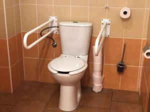 e bagno con doccia e servizi igienici bianchi. di Woodland Cabin Camping de Regenboog a Šluknov Altre 10 foto