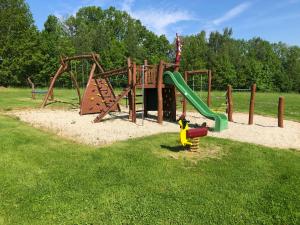 un parco giochi con uno scivolo in un parco di Woodland Cabin Camping de Regenboog a Šluknov