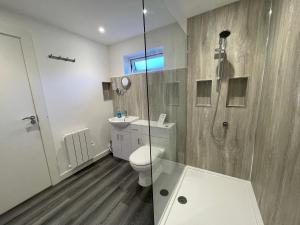 a bathroom with a shower and a toilet and a sink at Spacious lodge with king sized bed in Inveraray