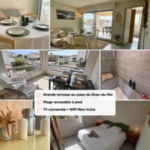 a collage of photos of a living room and dining room at Echappée Marine - Plage du Grau-du-Roi in Le Grau-du-Roi