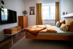 a bedroom with a bed and a dresser and a television at Zentral Bahnhof Salz&Sand 75m2 Apartment in Halle an der Saale