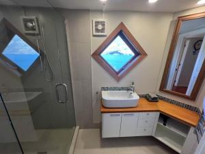 a bathroom with a sink and a shower with a window at Majestic Waters in Queenstown +19 photos
