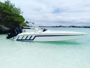 un bote blanco en el agua en el agua en Sunny Boat Tours, en Trou d'Eau Douce