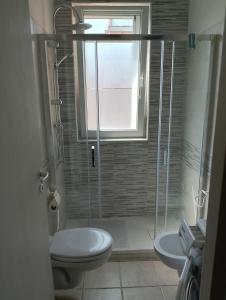 a bathroom with a shower and a toilet and a window at Dolce Relax - Sottomarina in Sottomarina