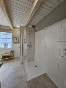 a bathroom with a shower with a glass door at Ferienhaus Mühle 7 in Krummhörn +25 photos