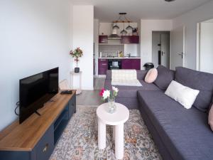 a living room with a couch and a tv at Suite Business CDG Villepinte Parking in Tremblay-En-France