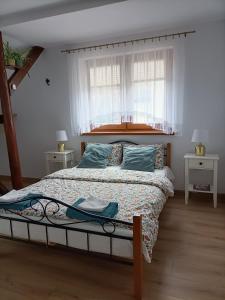 a bedroom with a bed and a window with curtains at Apartamenty w Stodole in Krościenko