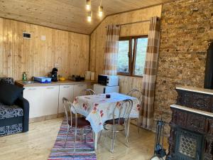 a kitchen with a table and chairs in a room at Cabana doi mesteceni in Drumu Carului