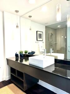 a bathroom with a sink and a large mirror at KOT suites Inner Harbor in Baltimore