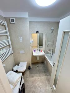 a bathroom with a sink and a toilet and a shower at Luxury Apartments near Coresi Mall by GLAM in Braşov +90 photos