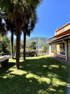 Un parque con un banco y palmeras frente a un edificio. en Villa Armonia palma, en Cerete