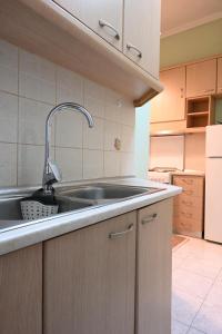 a kitchen with a stainless steel sink in a kitchen at Pola's Cozy Apartment in Thessaloniki