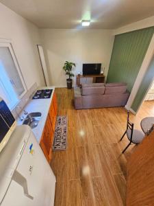 eine Küche und ein Wohnzimmer mit Spüle und Couch in der Unterkunft Melhor cervejaria do Brasil e a Serra te esperam! in Orleans