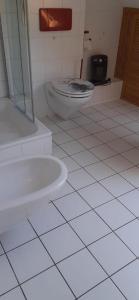 a white bathroom with a toilet and a tub at Ferienwohnung mit herrlichem Moselblick in Piesport