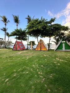 奥利文萨Camping Gnomo Místico的田野里三个有树木和水的帐篷