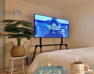 a television on a stand in a room with a plant at Blue house Gangnam #cozy#Airporttransport#Sights#Tourist Spot 7minutes ,사당 블루하우스 도보 1분 in Seoul