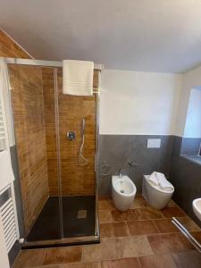 a bathroom with a shower and a toilet and a sink at Castrum Gallani in Barberino di Mugello +22 photos