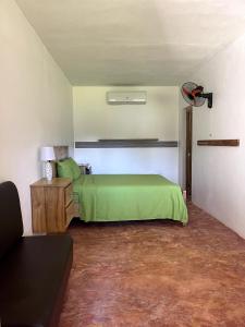 Un dormitorio con una cama verde en una habitación. en Habitacion 3 en Dani's Guest House, en Las Galeras