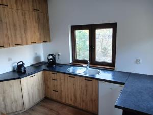 a kitchen with a sink and a window at Osada Blanka Leśny Zakątek Jezioro Rzeka Swornegacie in Swornegacie 