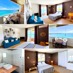a collage of photos of a hotel room at Le Caro - Studio pieds dans l'eau in Saint-Gilles les Bains