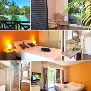 a collage of photos of a hotel room at Le Soa - Studio - Jardin - Piscine in Saint-Gilles les Bains