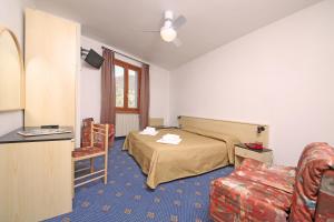 um quarto de hotel com uma cama e uma cadeira em Garnì Hotel Tignale, GTSGroup em Tignale