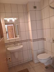 a bathroom with a toilet and a sink at Pensiunea Pitic in Cheia +15 photos