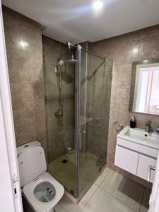 Un baño con ducha, inodoro y lavabo. en Appartement vue sur Mer Sidi Bouzid, en Moulay Abdallah