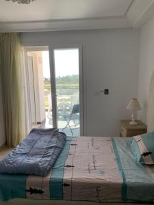 哈曼苏斯appt cosy , front de mer的一间卧室设有一张床,享有阳台的景色