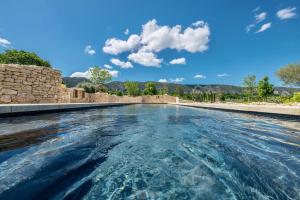 a pool of water with a stone wall at La Bastide de Clara in Oppède