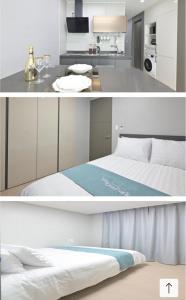 two pictures of a kitchen and a bed in a room at 여수 베이원파크 호텔레지던스 in Yeosu
