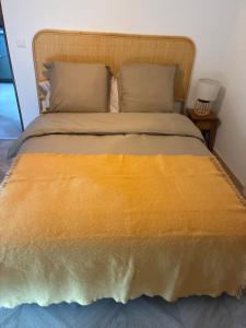 a bed with a yellow blanket on top of it at Appartement Sainte Lucie de Tallano,2 personnes au centre du village in Santa-Lucia-di-Tallano