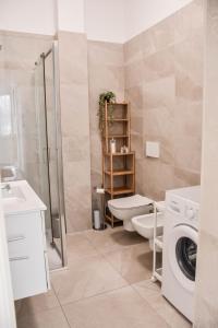 a bathroom with a toilet sink and a washing machine at Villa Antonella app Lavinia in Tavernerio