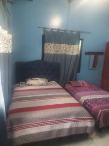 Dos camas en un dormitorio con paredes azules. en Canelita house, en Puerto Villamil