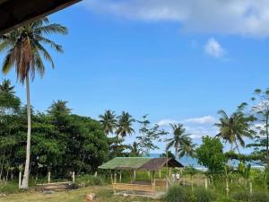 a gazebo with a green roof and palm trees at Panarean beach house in Caramay