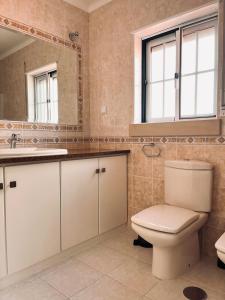 a bathroom with a toilet and a sink and a mirror at Casa 33 - Idyllisches Reihenhaus mit Innenhof in São Martinho do Porto