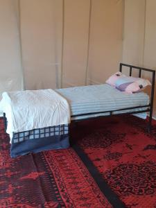 un letto appoggiato su un tappeto rosso di Camp Les Bedouins iriki a Bou Guir