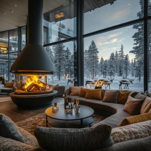 a living room with couches and a fireplace at Balder Luxury Lodge & Glass Igloos in Levi
