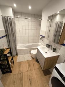 a bathroom with a sink and a toilet and a tub at Schleizauber Ferienwohnung mit Wasserblick und einer großzügigen Terrasse in Schleswig