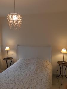 a bedroom with a bed and two tables with lamps at Résidence Les Pêcheries in Saint-Vaast-la-Hougue