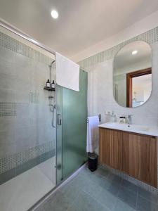 a bathroom with a shower and a sink and a mirror at Verso Maison in Gragnano
