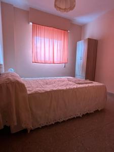 1 dormitorio con 1 cama y ventana roja en CHUFLIS FLAt, en Argamasilla de Alba