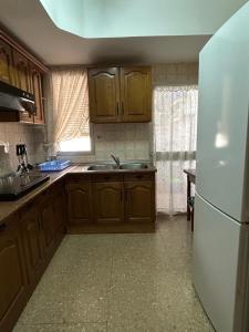 Una cocina con gabinetes de madera y un refrigerador blanco. en CHUFLIS FLAt, en Argamasilla de Alba