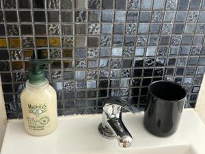 a bottle of mouthwash sitting on a sink next to a cup at A 4 mn de Grenette Hypercentre in Grenoble +22 photos