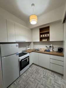 a kitchen with white cabinets and a white refrigerator at AMM apartment in Dubravica