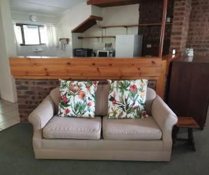 ein Sofa mit zwei Kissen darauf im Wohnzimmer in der Unterkunft Annasrus Mountain Cottage in Champagne Valley